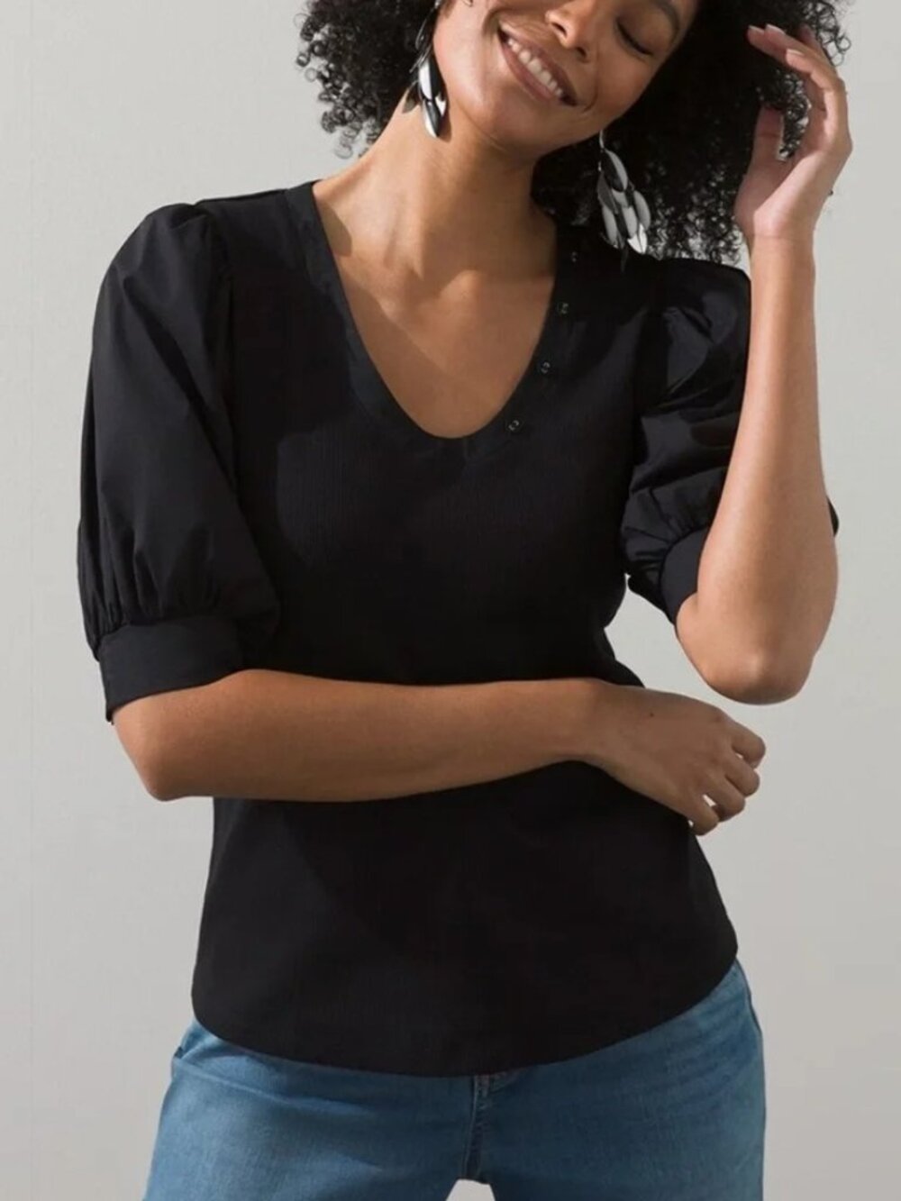 Chico's Black Ribbed Knit Tee Poplin Puff Sleeves Size Large